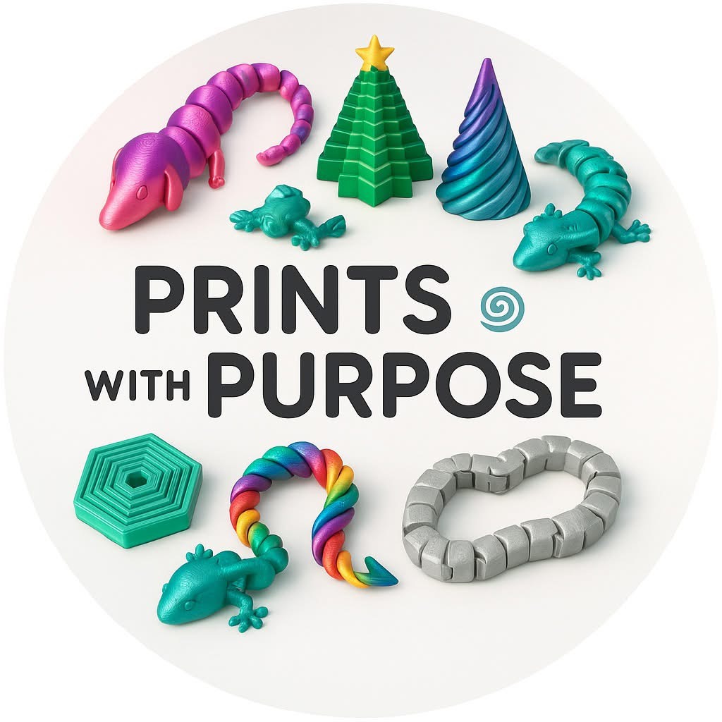 Prints With Purpose logo surrounded by colourful 3D-printed products